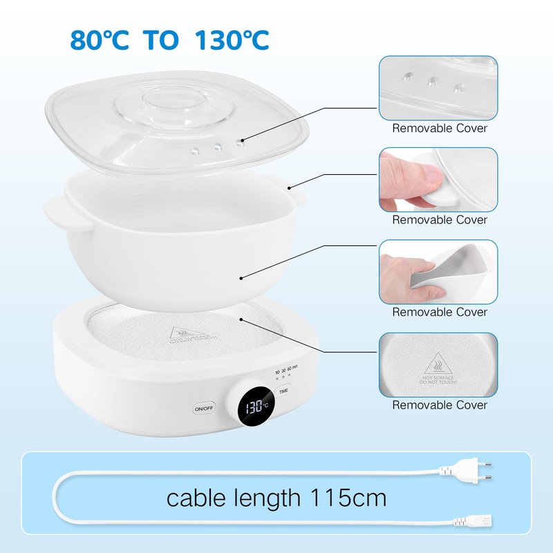 Wax Warmer for Hair Removal, Adjustable Temperature, Digital Display Professional Hot Wax Warmer Pot with Silicone Bowl, Timer setting，white