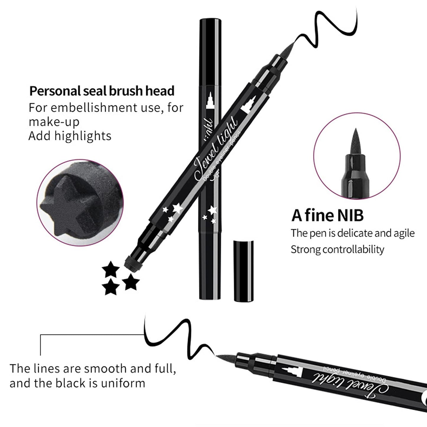 Eyeliner Stamp Set - 6 Double-Ended Winged Pens with Heart, Star, Plum, Triangle & Moon Shapes | Waterproof Liquid Eyeliner for Festival & Cosplay Makeup