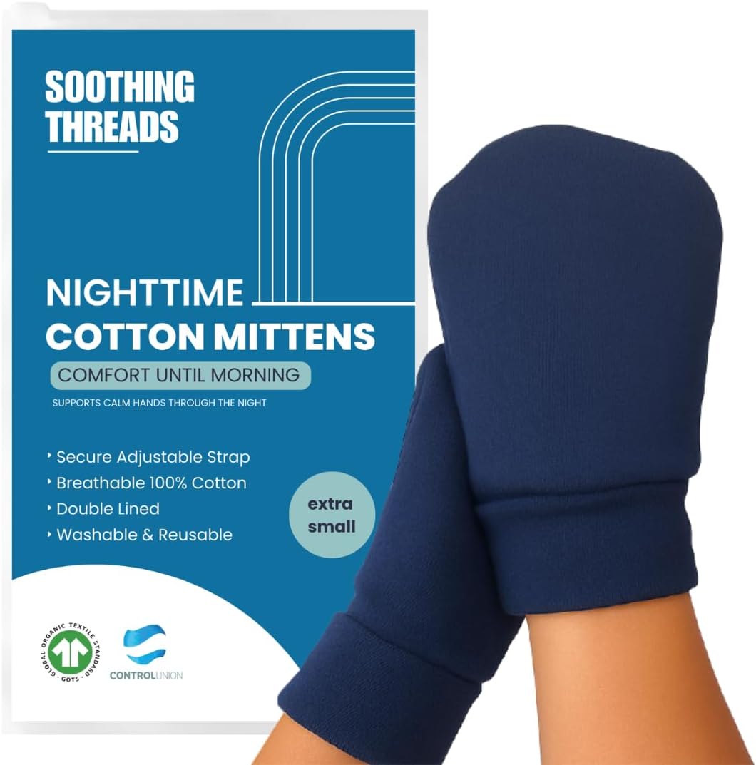 Organic Cotton Eczema Mittens for Adults - Anti-Scratch Nighttime Gloves with Adjustable Strap | Reusable & Washable, Navy, Medium