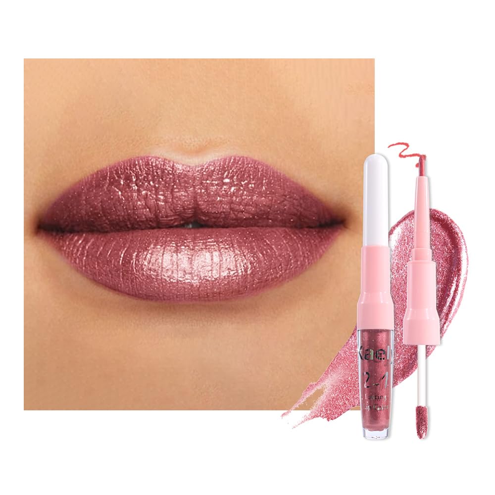 Dark Purple Red Metallic Glitter Lip Liner & Lipstick Combo - Long Lasting Waterproof Liquid Lipstick Set for Women | Iridescent Shine, Non-Stick Cup