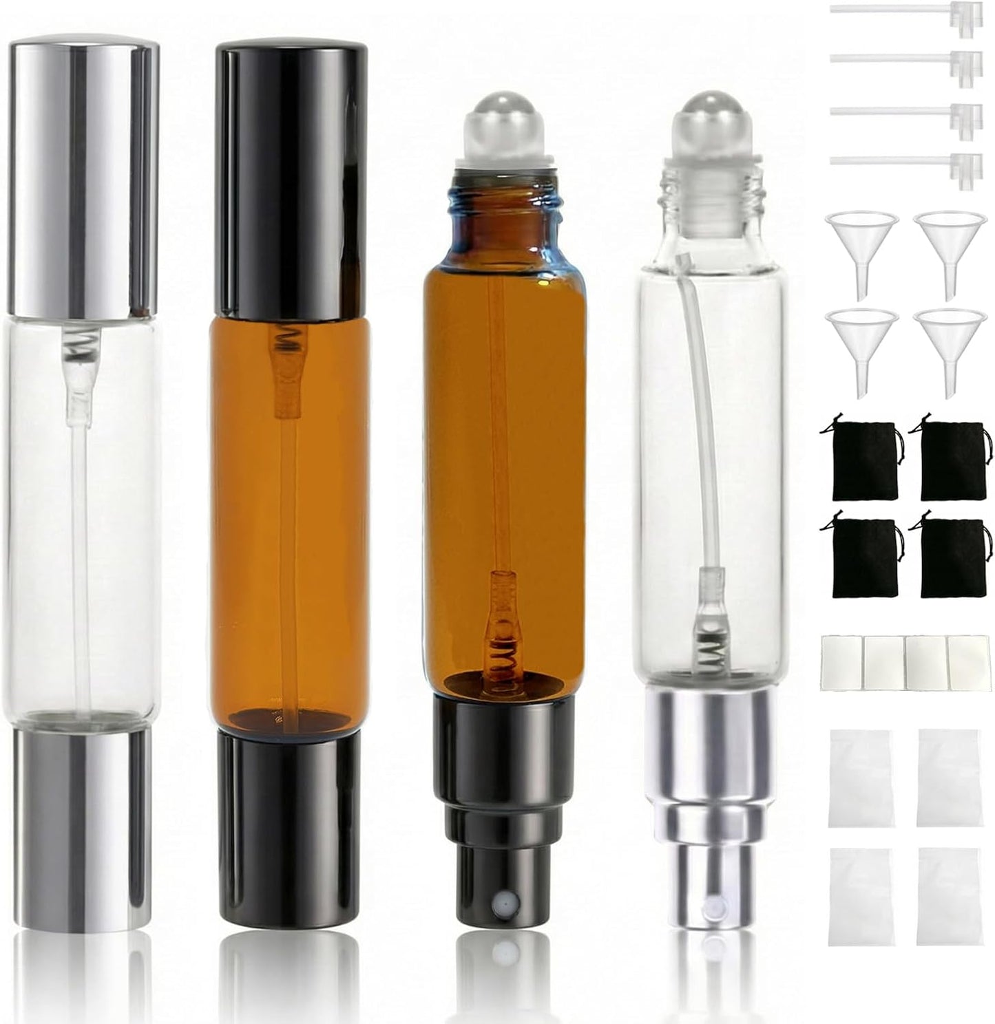 Travel Perfume Bottle Set - 4PCS Refillable Glass Atomizers with Dual-Head Spray & Roller Ball | 10ml Amber & Clear