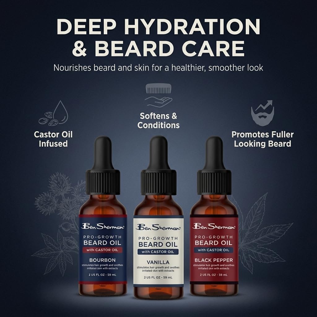 Ben Sherman Beard Oil for Men 3 Pack – Castor Oil Beard Care Set for Growth – Bourbon, Vanilla & Black Pepper – Mens Beard & Mustache Conditioning Treatment