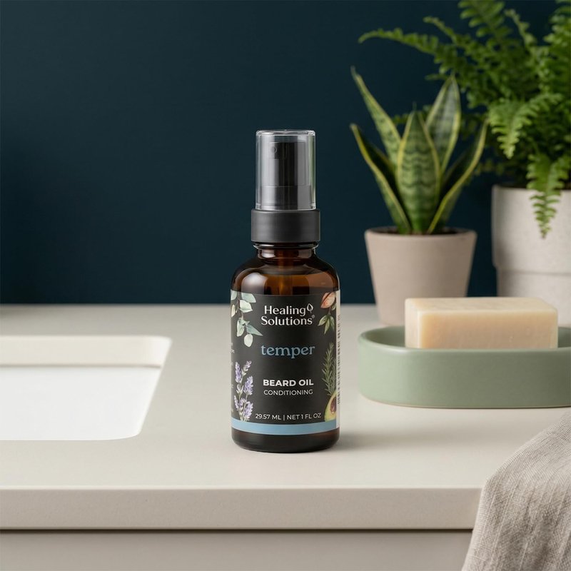 Healing Solutions Temper Beard Oil, All Natural Oil with Baobab, Argan, & Avocado Oil, 1oz, Deep Conditioning for Soft, Manageable Beard, No Synthetic Fragrance