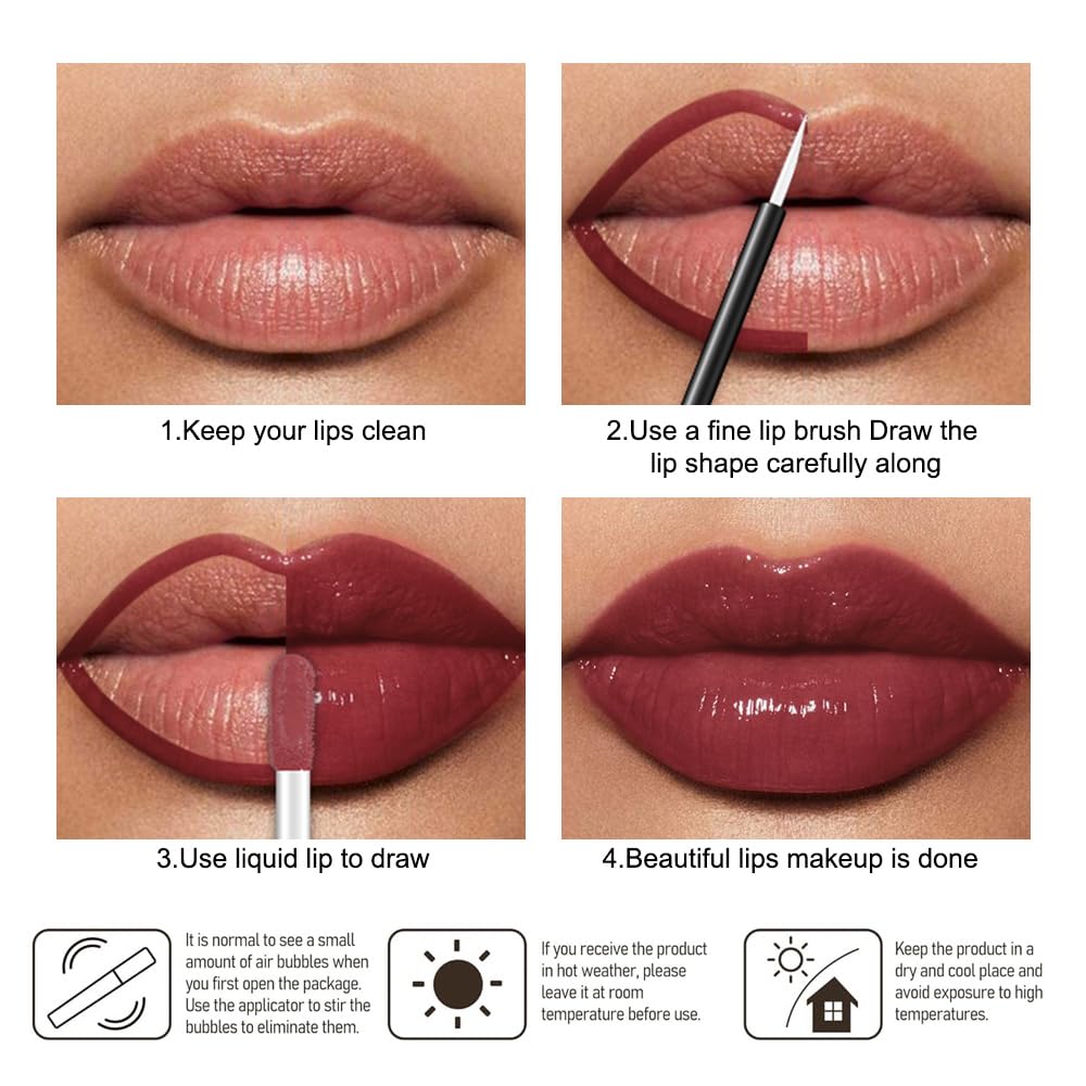 evpct Mauve Red Shiny Longwear No-Budge Liquid Lip Color Lipstick Makeup, Highly Pigmented Color Instant Shine, Waterproof Long Lasting Lipstick for Women, Lip Stain Gloss with Lip Liner Brush, 17#