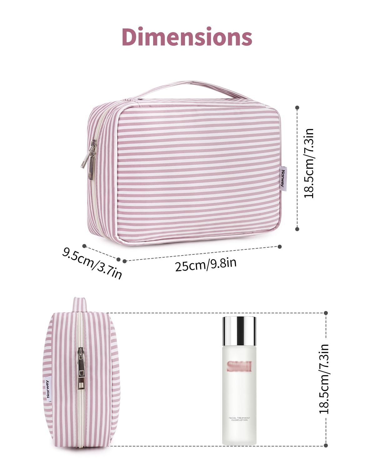Narwey Small Hanging Travel Toiletry Bag for Women, Travel Bag for Toiletries, Makeup Bag Organizer Cosmetic Bags Make Up Bags for Girls (Dusty Pink Stripe)