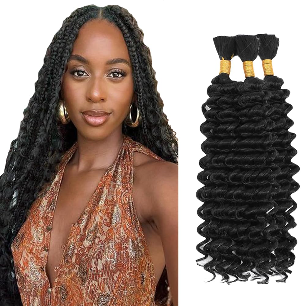 32 32 32 Inch #1B Human Braiding Hair for Boho Braids Natural Blck #1B Boho Human Hair Braiding Deep Wave Knotless Bulk Bohemian Natural Color Braids 150g