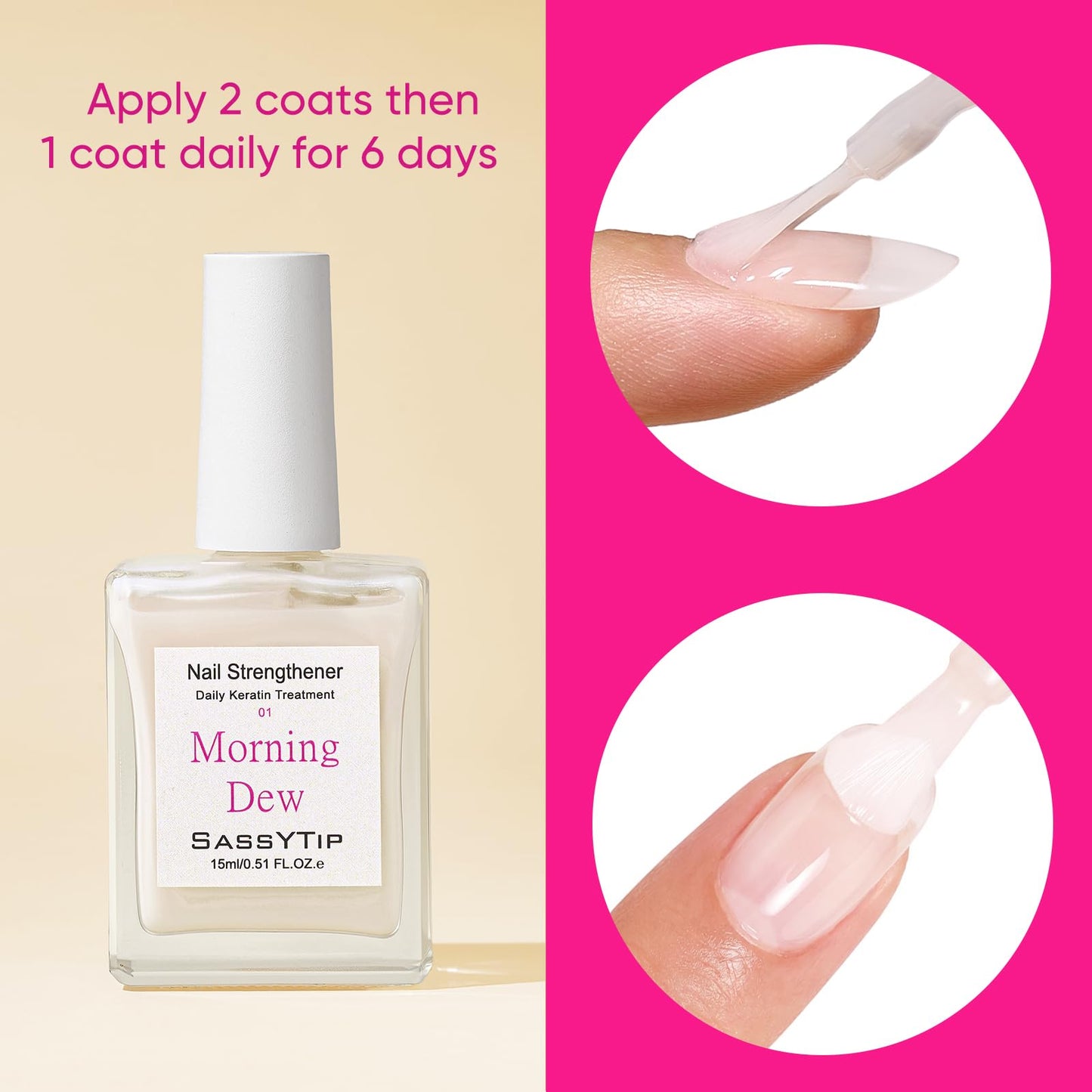 SASSYTIP Nail Strengthener for Damaged Nails - Keratin Nail Hardener & Growth Treatment, Nude Nail Polish Concealer with Jojoba Oil, Nail Care for Women Daily Use & Gift, 15ml (Milky White)