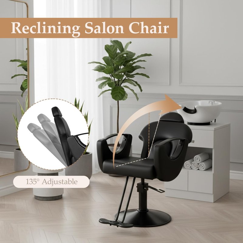 Black Salon Chair for Hair Stylist, Professional Barber Chairs Barbershop Hair Stylist Chair w/Heavy Duty Hydraulic Pump, 360° Braiding Styling Hairdresser Chairs for Spa Home Euipment, Matte Black