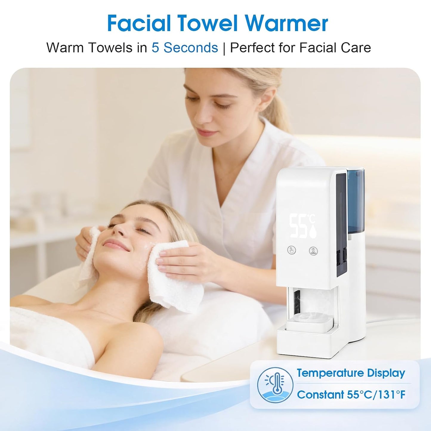 Automatic Hot Towel Dispenser - Upgraded Facial Towel Warmer with 5s Instant Heat | 55°C (131°F) Voice Alert, Wall/Counter Use (100 Towels)