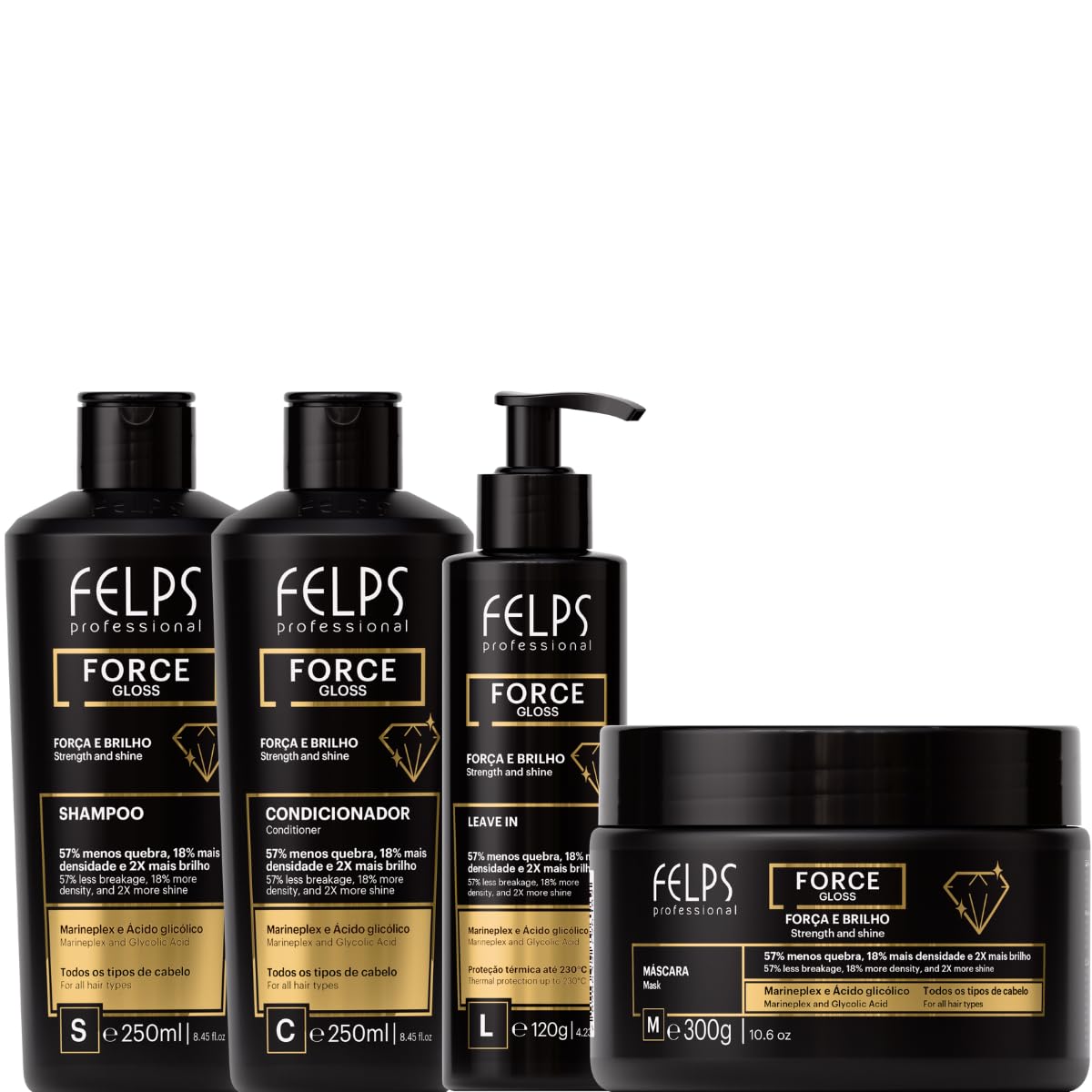Felps Professional Force Gloss Hair Care Set, Black, with Marineplex and Glycolic Acid, Shampoo 8.45oz, Conditioner 8.45oz, Leave-In 4.23oz, Mask 10.6oz