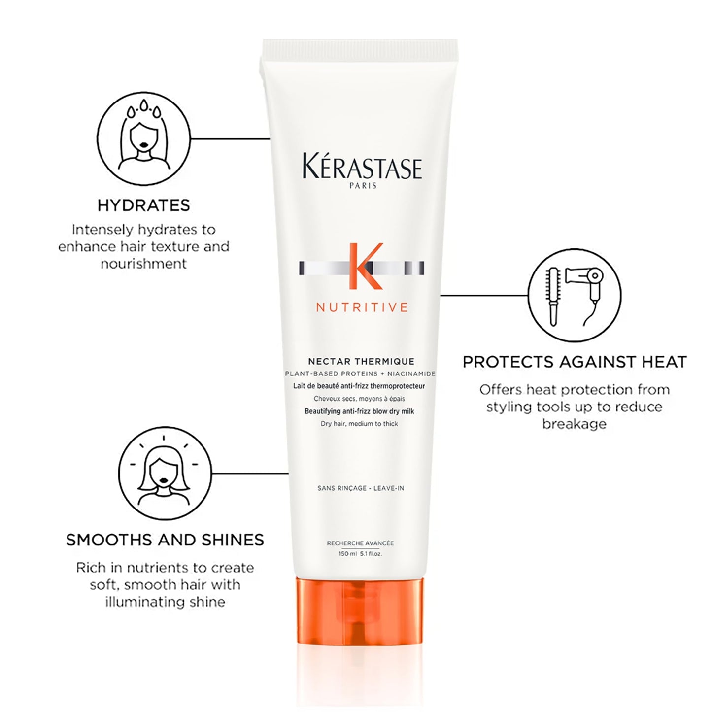 Kerastase Nutritive Nectar Thermique Heat Protecting Leave-In Cream | Deeply Condition and Reduce Frizz | Instant Softness & Shine | With Plant-based Proteins | For Medium to Thick Dry Hair|1.69 Fl Oz