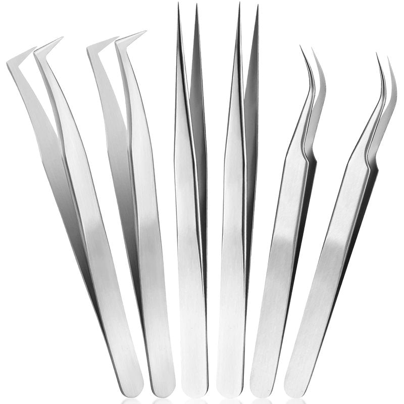 6 Pcs Tweezers for Eyelash Extensions, Straight and Curved Stainless Steel, Individual Volume, Isolation Tweezers (Silver)