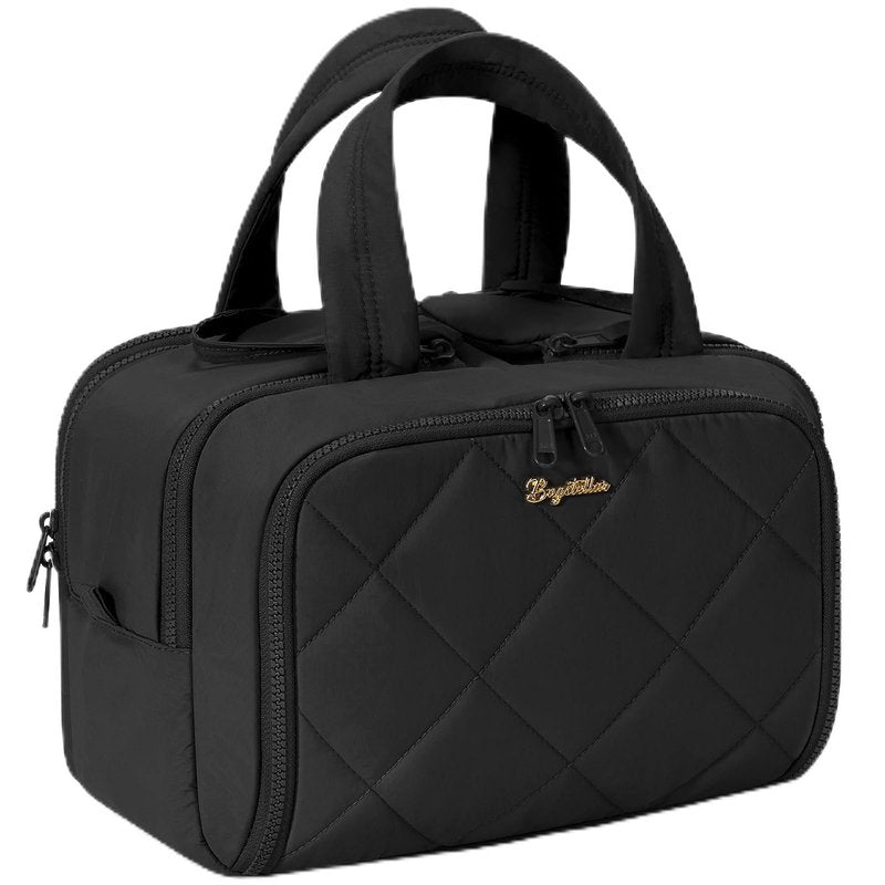 Travel Toiletry Bag, Large Wide-open Puffy Toiletry Bag for Women, Lightweight Quilted Makeup Bag Cosmetic Organizer with Handle Water-resistant Travel Essentials for Toiletries Accessories Black
