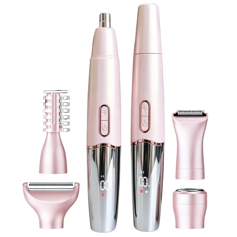 RFSCDI 5-in-1 Nose Hair Trimmer for Women, USB-C Rechargeable Painless Eyebrow & Facial Trimmer, IPX7 Waterproof Gift Set, LED Display with 5 Blade Heads, Sakura Pink