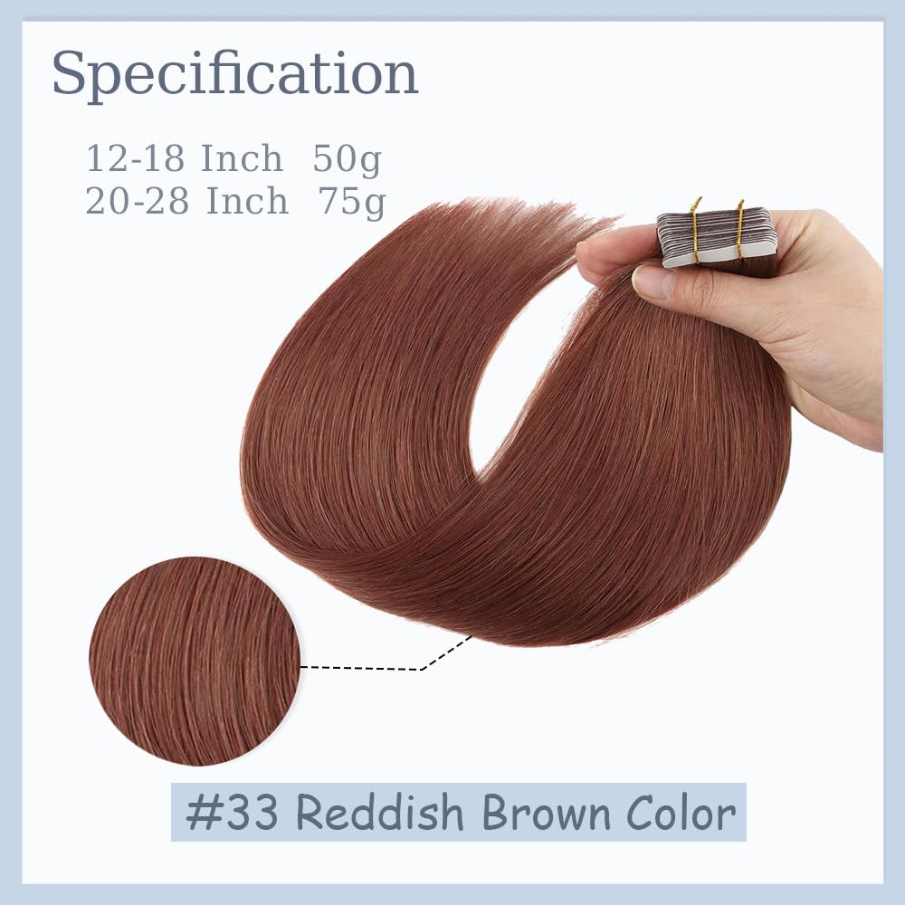 14 Inch #33 Reddish Brown Tape in Extensions Human Hair Copper Straight Tape ins Hair Extensions Auburn Brown Hair Skin Weft Remy Hair 40g 10Pcs.