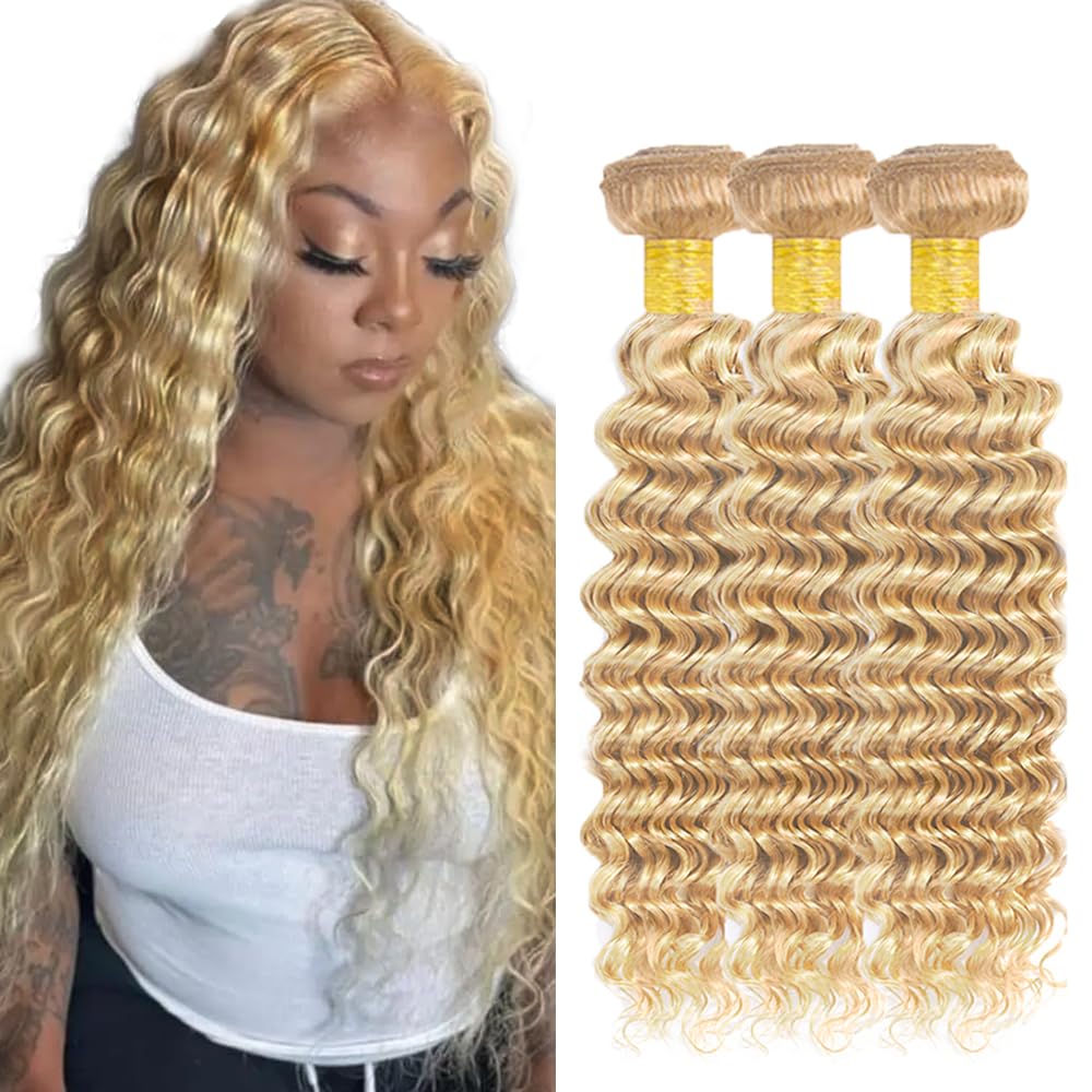 613 Deep Wave Bundle Human Hair Honey Blonde Bundles Honey Blonde Deep Wave Bundle 24 26 28 inch 3 Bundles for Women