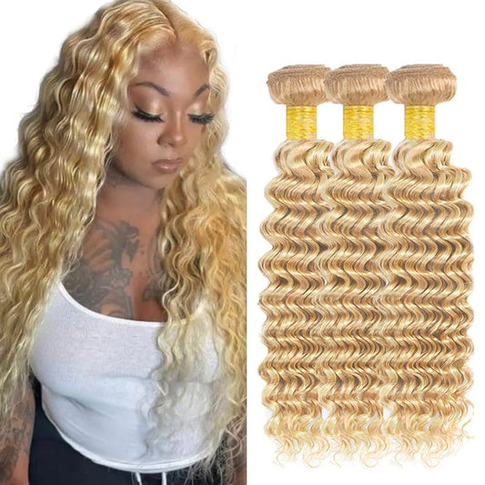 28 30 32 inch 613/27 Human Hair Bundles Blonde Deep Wave Bundles 613 Human Hair Bundle Mixed Length 613 and 27 Color