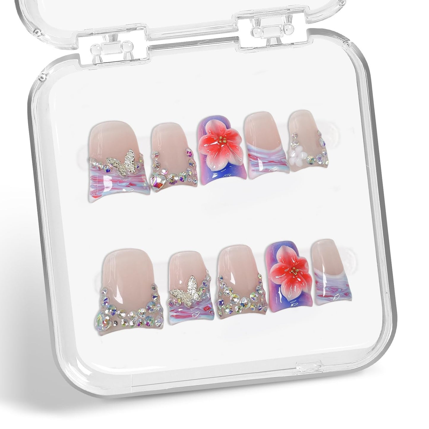 Colorful 3D Flower Press-On Nails - Handmade Thick Acrylic Full Cover | White French Tip (Medium)