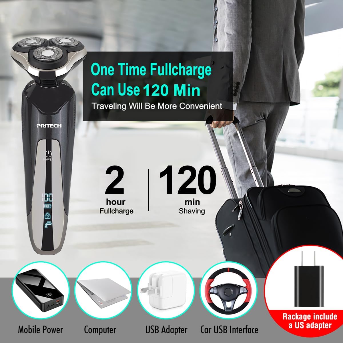 Electric Razor for Men - Waterproof Rechargeable Shaver with Nose Hair & Sideburn Trimmer | Cordless Wet/Dry Use