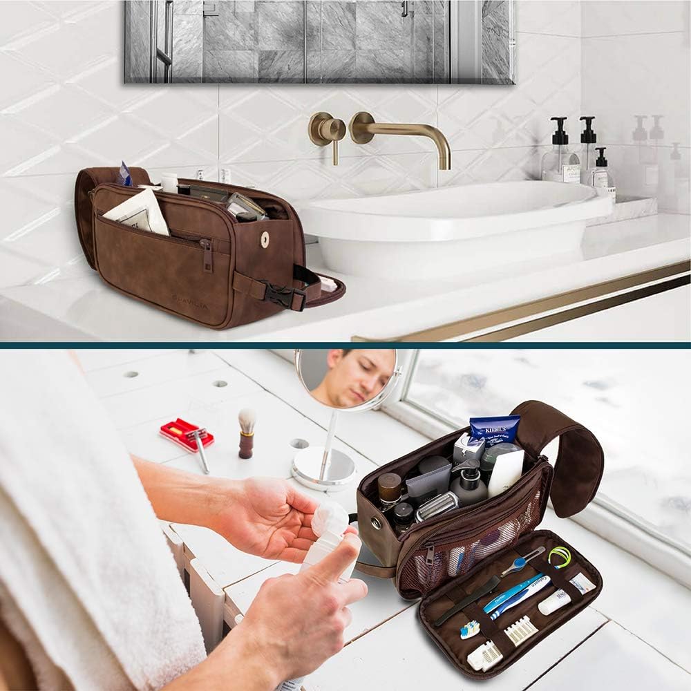 Toiletry Bag for Men - Travel Dopp Kit Organizer | PU Leather, Water Resistant, Dark Brown