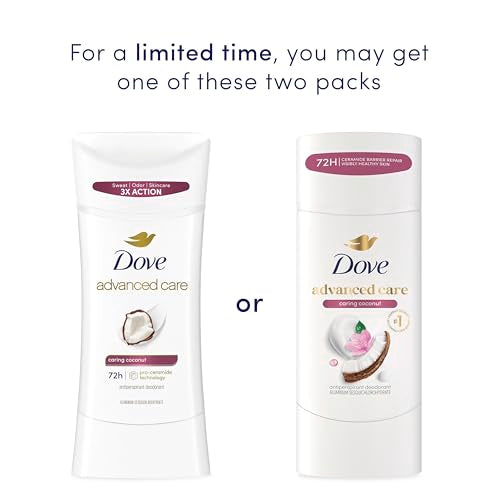 Dove Advanced Care Antiperspirant Caring Coconut, 2 Count Deodorant Stick for Women, for 48 Hour Protection And Soft And Comfortable Underarms, 2.6 oz