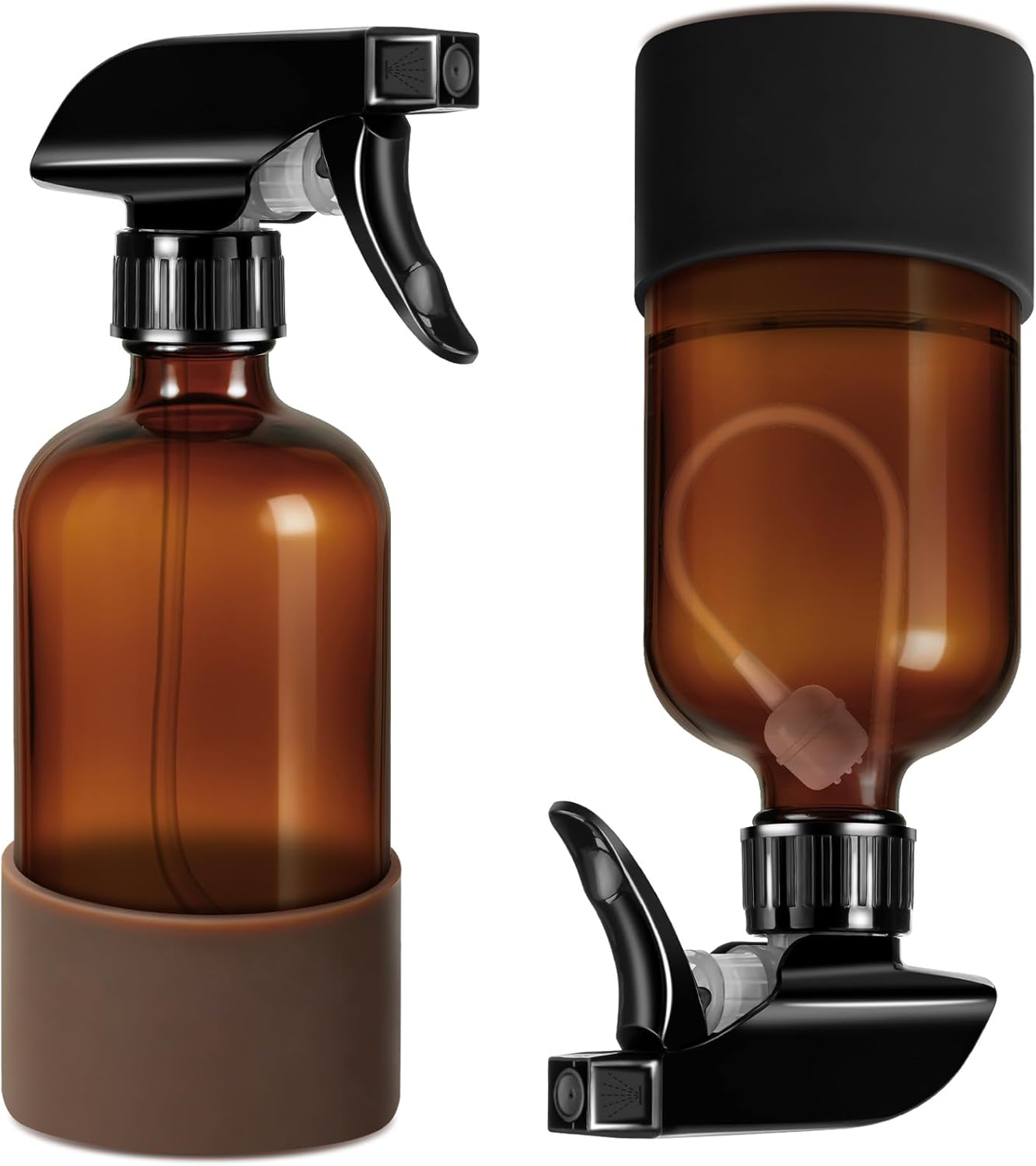 **360° Amber Glass Spray Bottles - 16 oz Refillable Containers with Adjustable Nozzles | 2 Pack in Black & Brown**