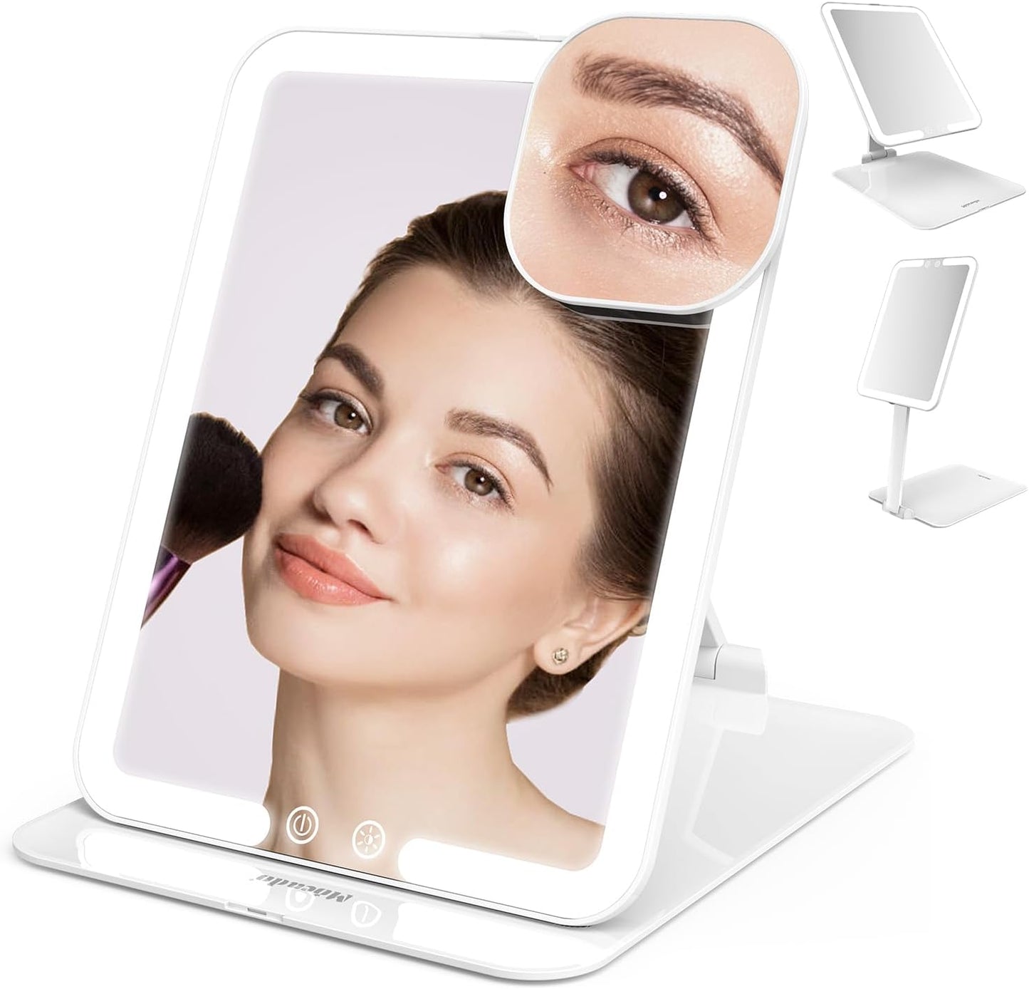 Mocado Travel Makeup Mirror - Lighted Triple Folding Vanity Mirror with 3 Color Settings | Rechargeable 1500mAh Battery, Adjustable Height & Angle (Black)