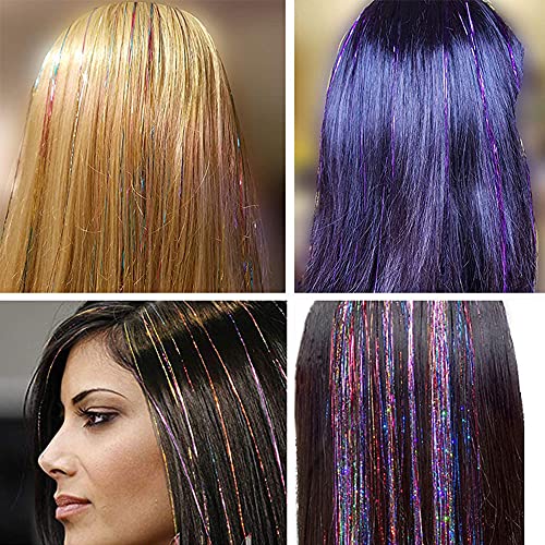 Newfacefure 16-Color Glitter Tinsel Hair Extensions Kit, 47 Inch Heat-Resistant Hair Strands & Beads, Perfect for Hair Styling & Parties