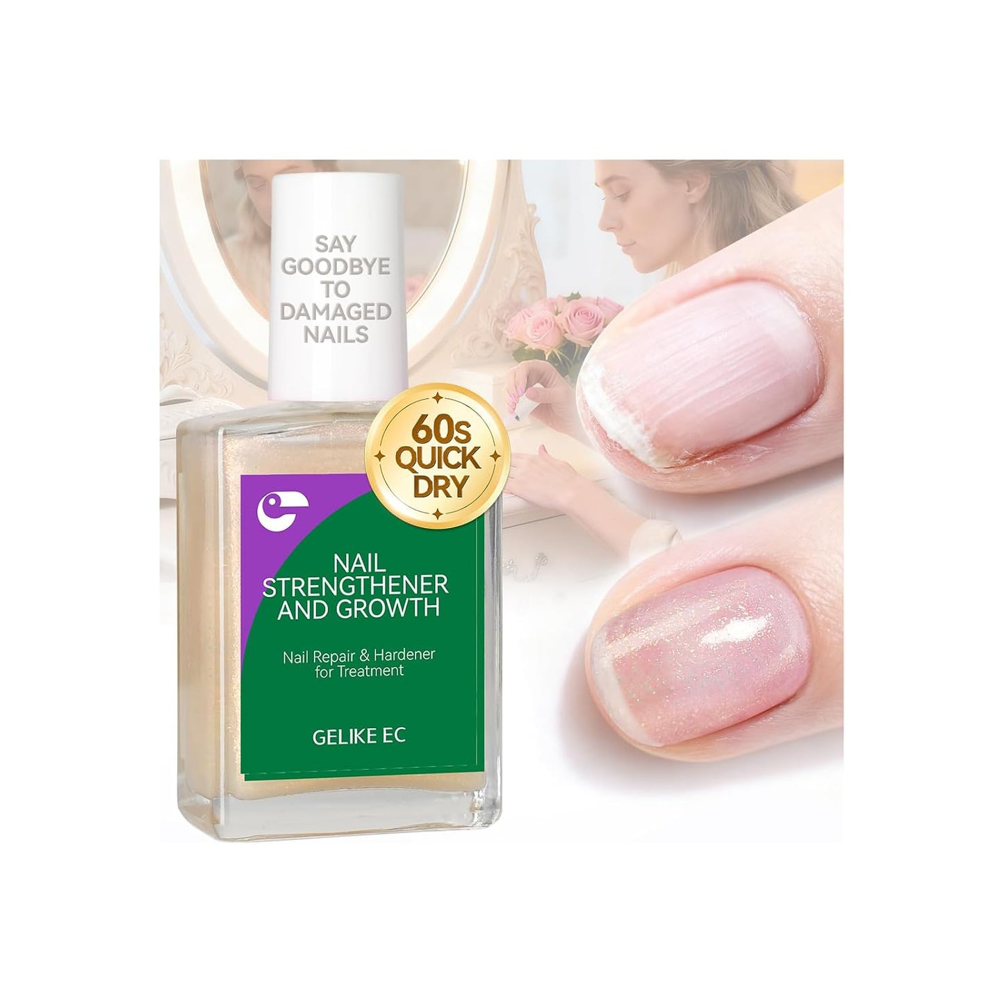 Nail Growth Strengthener - Gelike 6-in-1 Natural Hardener for Weak Nails | Nude Blush Color