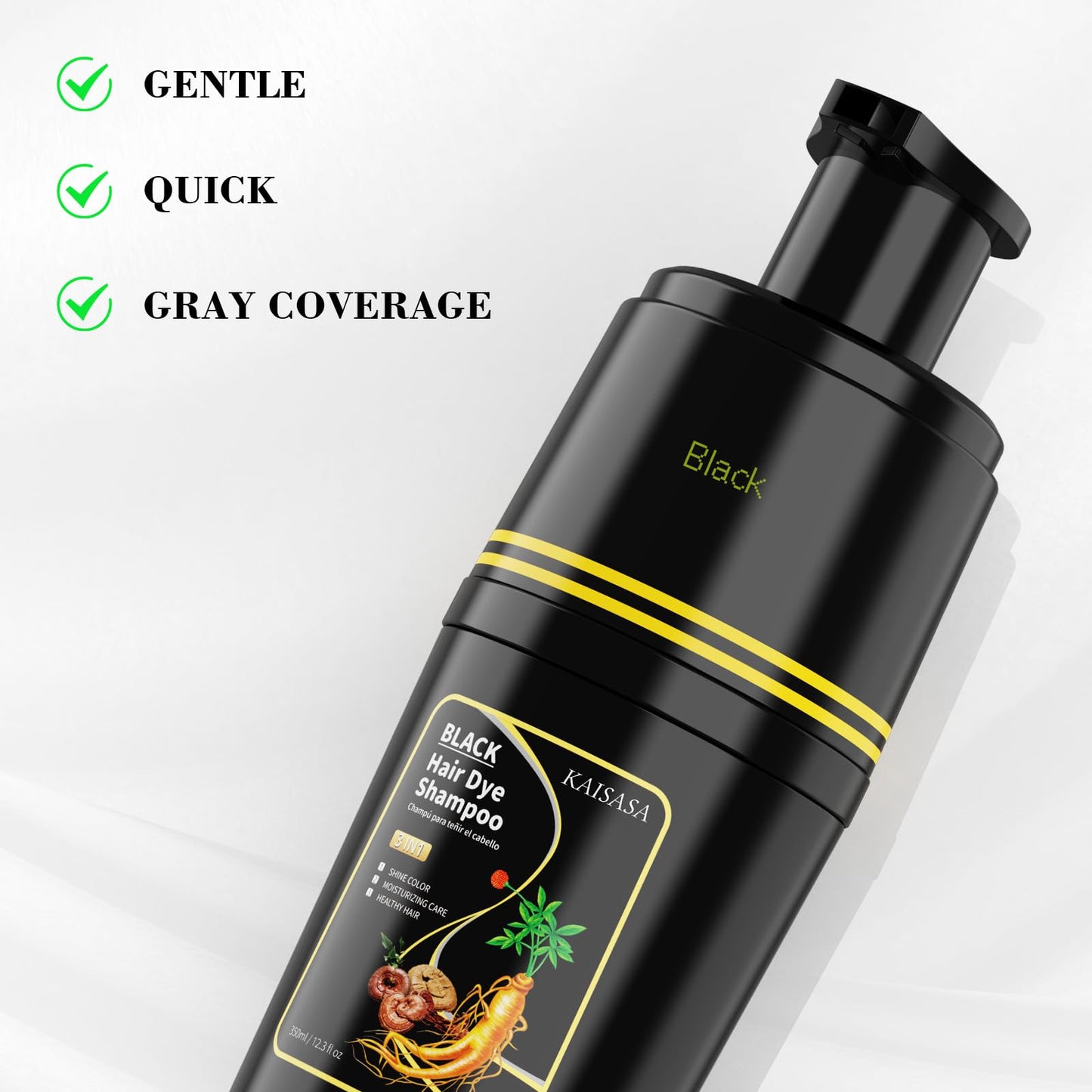 KAISASA Black Hair Dye Shampoo 3 in 1, Hair Color Shampoo for Cover Grey Hair, Hair Dye Shampoo for Men and Women (Black)