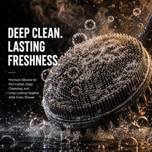 CYMPHW Black Silicone Back Scrubber with 17-Inch Long Handle - Double-Sided Body Brush