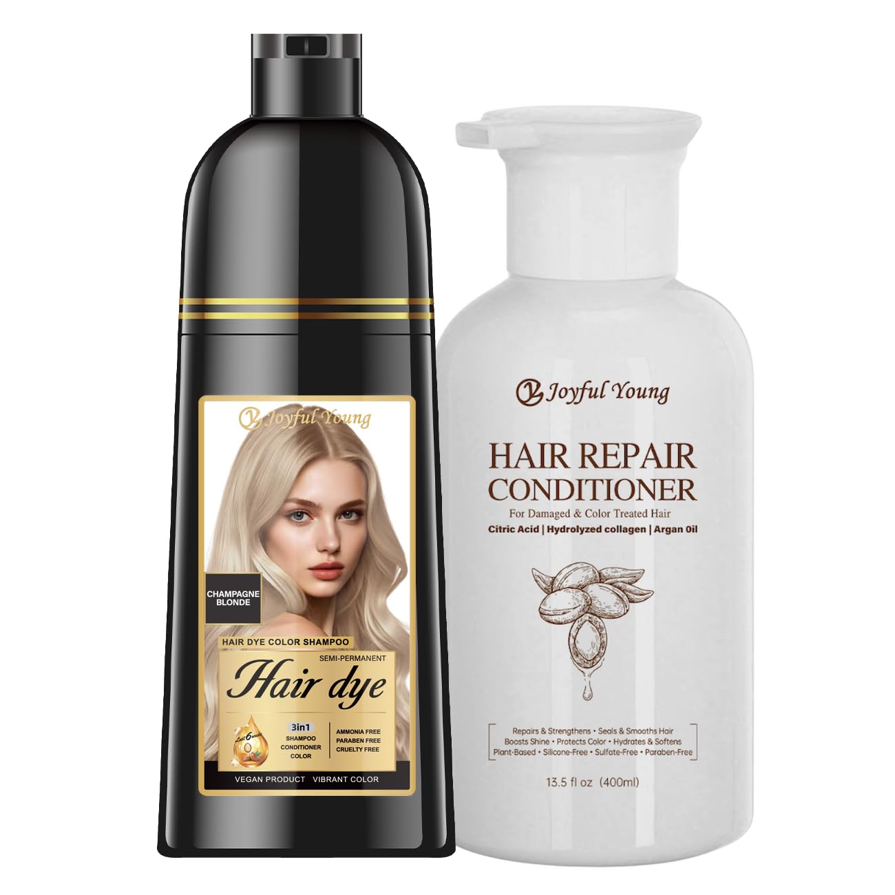 Natural Hair Dye Shampoo & Conditioner Bundle - 3-in-1 Gray Coverage & Deep Moisture | Vegan, Sulfate-Free, 2x400ml (Champagne Blonde)