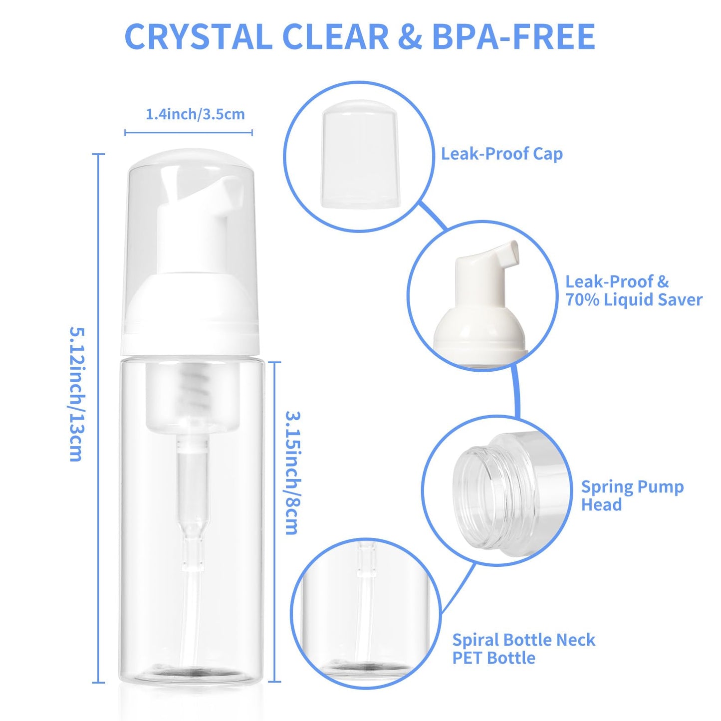 Travel Foam Pump Bottle 2oz - Leak-Proof BPA-Free Foaming Dispenser for Hand Soap, Shampoo, Facial Cleanser | Portable Refillable Containers for Gym, Travel, Home Use (2-Pack)