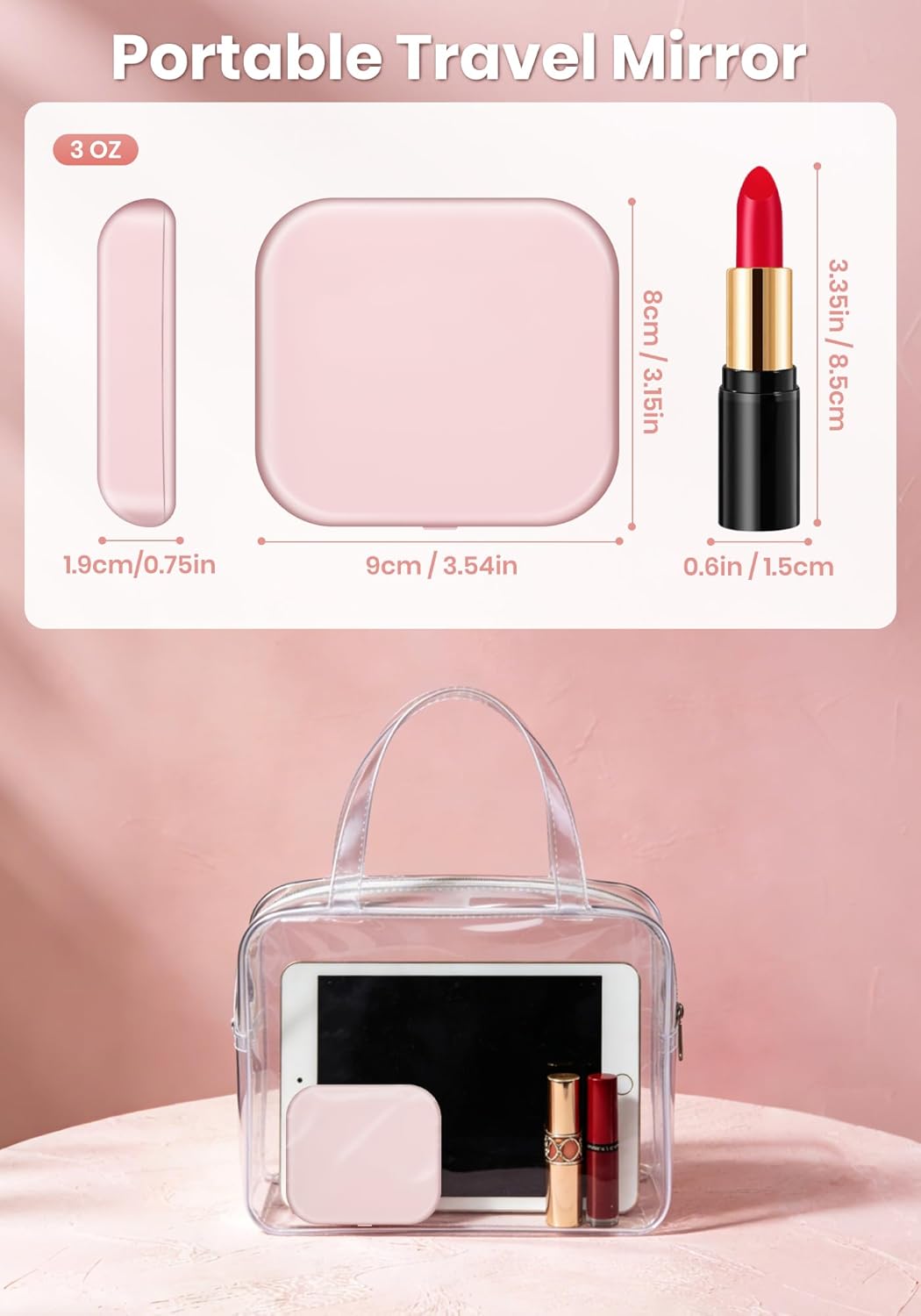 40X Rechargeable Magnifying Mirror with Light | Dimmable Brightness & 3 Lighting Modes - Portable Pink Travel Makeup Mirror