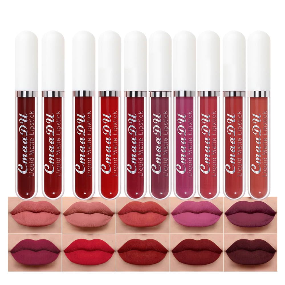 Matte Lipstick Set - 10Pcs Long-Lasting Liquid Lip Color for Black Women | Dark Ruby, Mauve, Plum & More