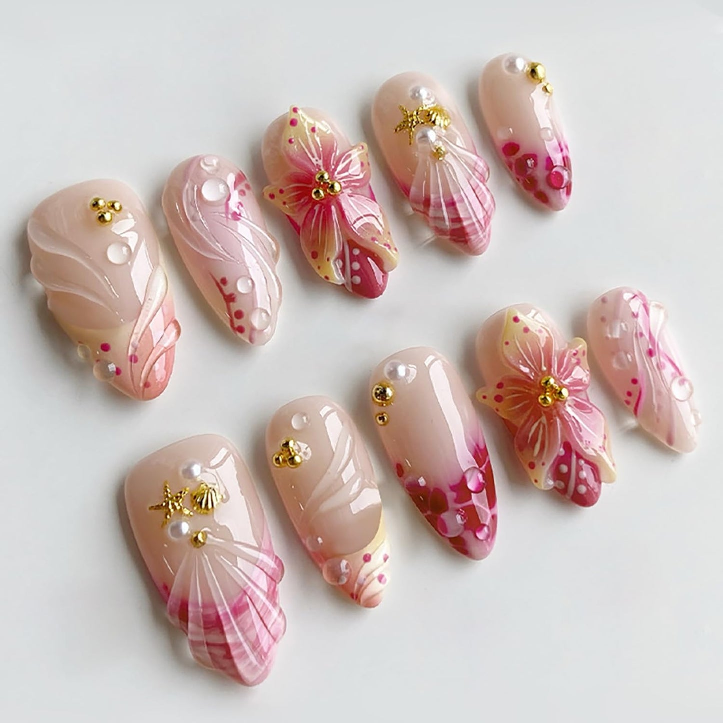 French Tip Press-On Nails - 30pcs Medium Almond Acrylic with 3D Flower & Pearl Design | Reusable Summer Nail Art