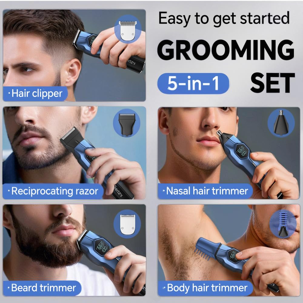 5-in-1 Electric Beard Trimmer Magnetic Replacement Heads, Professional Cordless Hair Clippers for Men Rechargeable, IPX7 Waterproof Grooming Kit for Face, Mustache, Body, Nose, Gifts for Men (Blue)