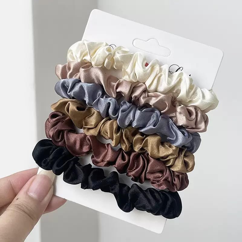Satin Silk Scrunchies - 8Pcs Soft Hair Ties for Women | Fashionable Ponytail Holders (Khaki & White)