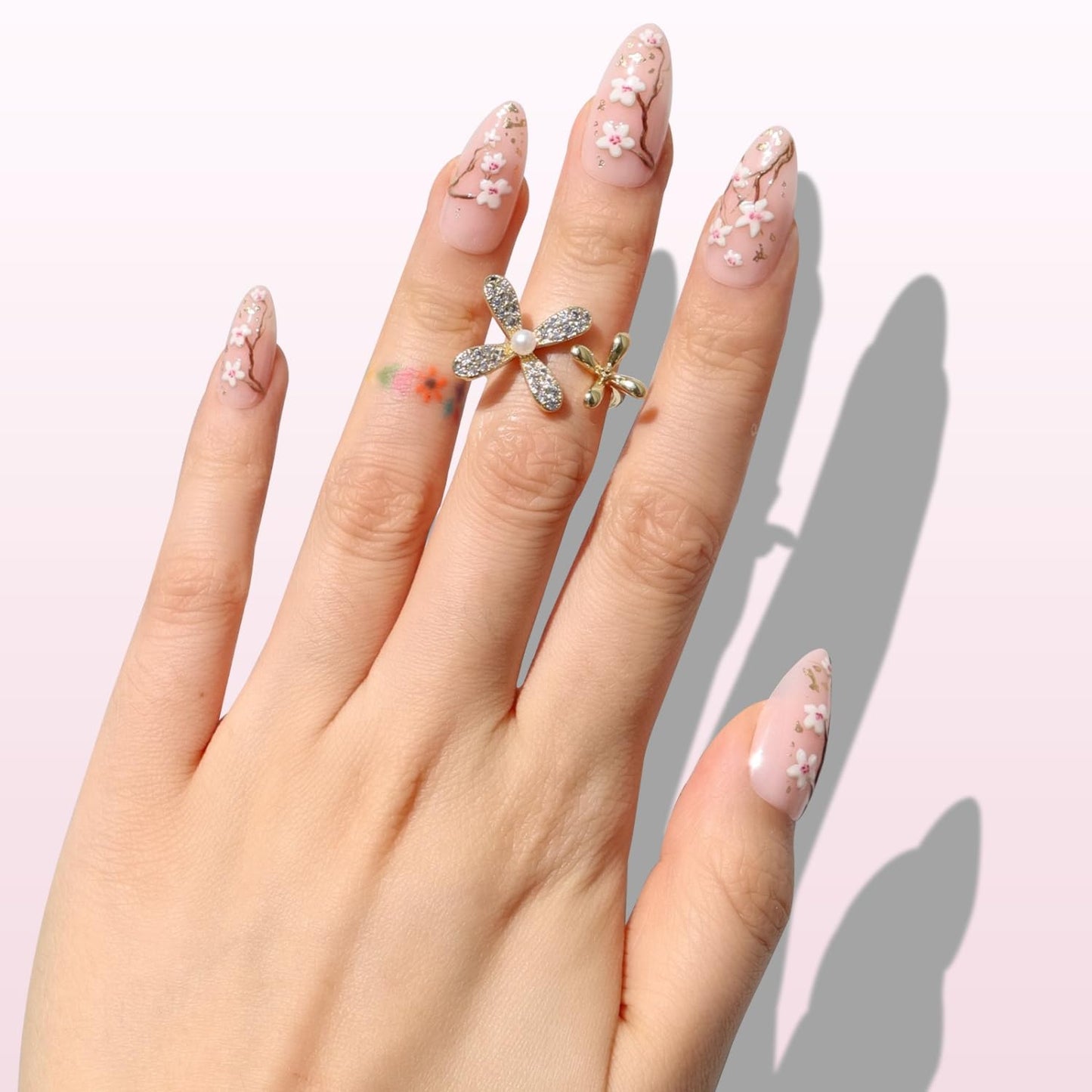 Press On Nails - Floral Medium Almond Sakura Design | Reusable Salon Quality Fake Nails with Gold Flecks - 30 Nail Kit in 15 Sizes