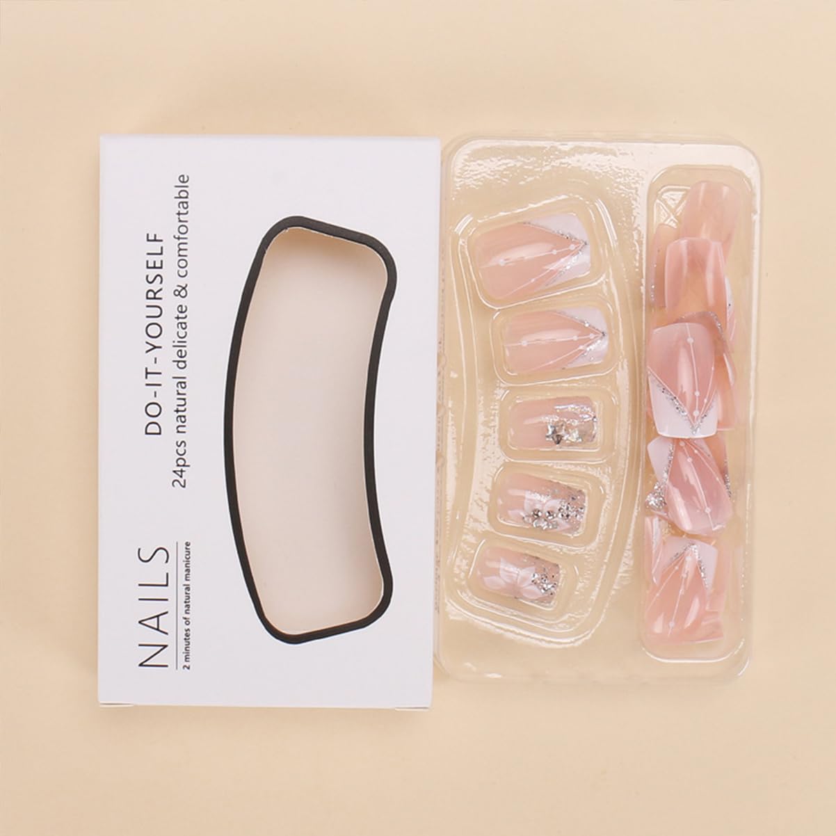Short Square Press-On Nails - 24 Pcs French Tip with 3D Flower & Star Rhinestones | Full Cover Acrylic, Reusable
