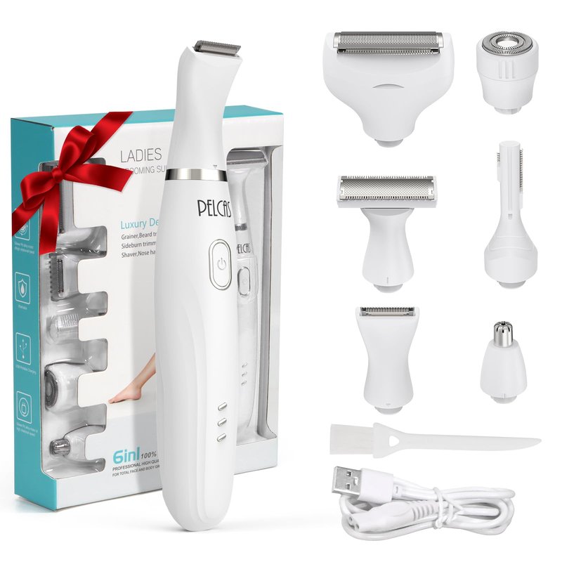PELCAS Bikini Trimmer for Women Kit 6 in 1 Electric Shaver, Cordless Razors, Nose Hair Trimmer, Shaver for Women & Men Pubic Hair, Private Area, Legs, Face, Nose, Eyebrow, Body Hair Removal