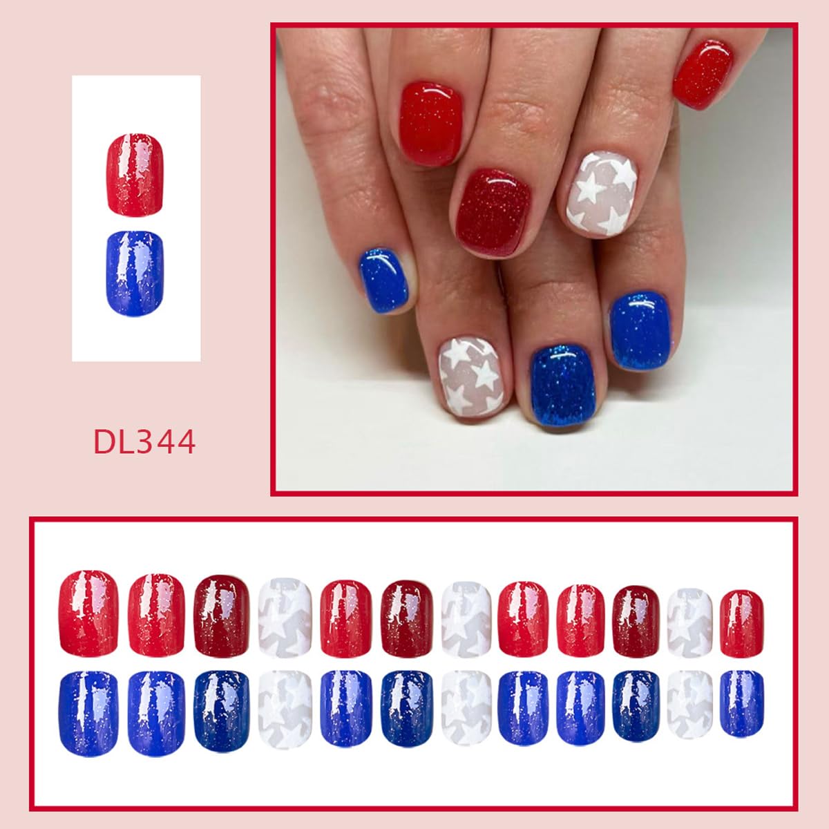 4th of July Press on Nails Short Square Fake Nails Red Blue Glitter Glue on Nail with Star Designs Independence Day Press ons Stick on Nail 4th of July Nails for Women Manicure 24Pcs