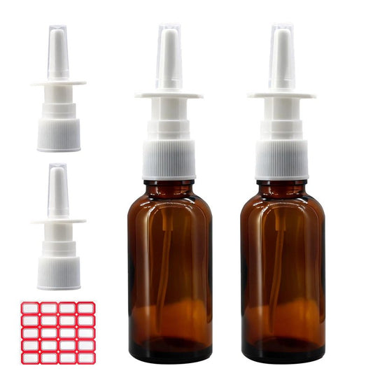 GDSHNYC 2 Pack 30ml Amber Glass Nasal Spray Bottle with 4 pcs Pump Sprayer, 1 Oz Empty Refillable Travel Size Nasal Sprayer, for Saline Colloidal Silver Essential Oils UV Protection