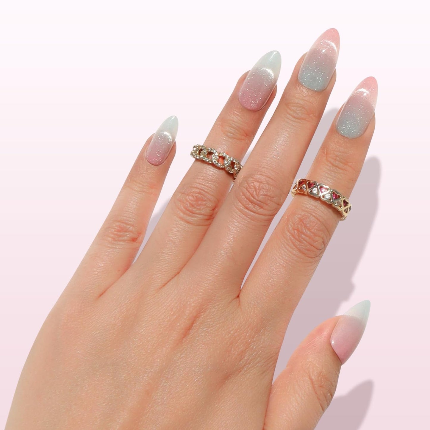 Nail Reformation Press On Nails, Iridescent Ice | Pink Medium Almond Fake Nails with Light Blue Cat Eye Finish, Glossy Reusable Stick On Nails Kit - 30 Pcs in 15 Sizes, Manicure Gifts for Women