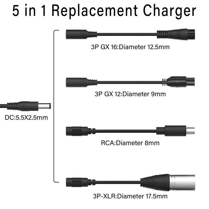 42V 2A Scoter Charger 5 Plugs for 36V Lithium Battery Pack DC 5.5 * 2.1 with 8mm 3 Prong/12mm 3 Prong Connector/8mm RCA/ 3-Pin Male XLR Connector,Universal 5 in 1 Charger Power Adapter