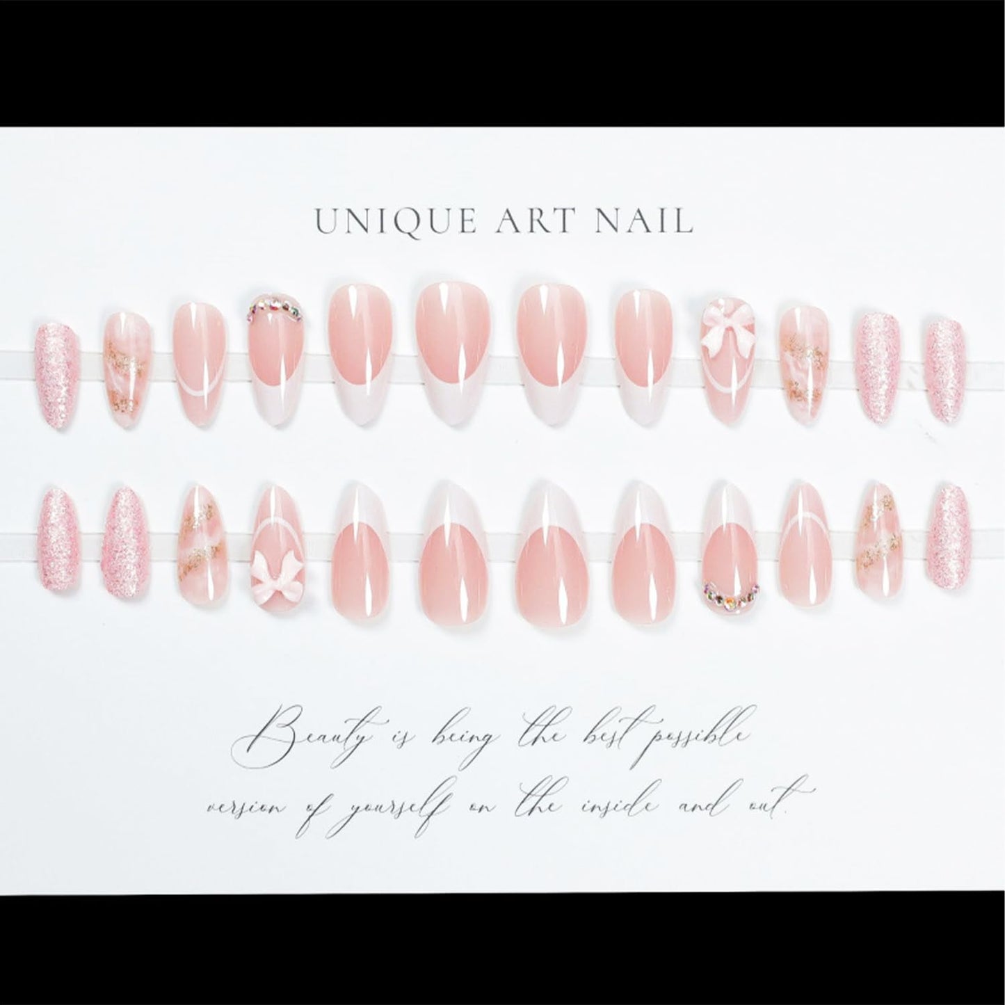 24pcs White French Tip Press on Nails Medium Almond Fake Nails with 3D Bow Glitter Rhinestones Designs Full Cover Artificial Nail Cute False Nails Reusable Stick on Nails for Women Nail Decorations
