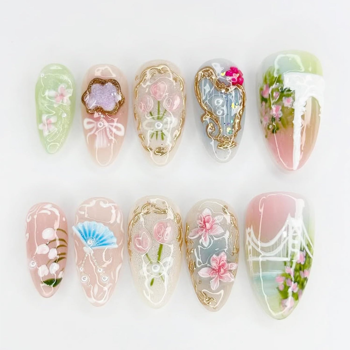 Summer Beach Press-On Nails Set - 24Pcs Medium Almond Floral Design with 3D Starfish & Seashell | Full Cover Ocean Manicure for Women