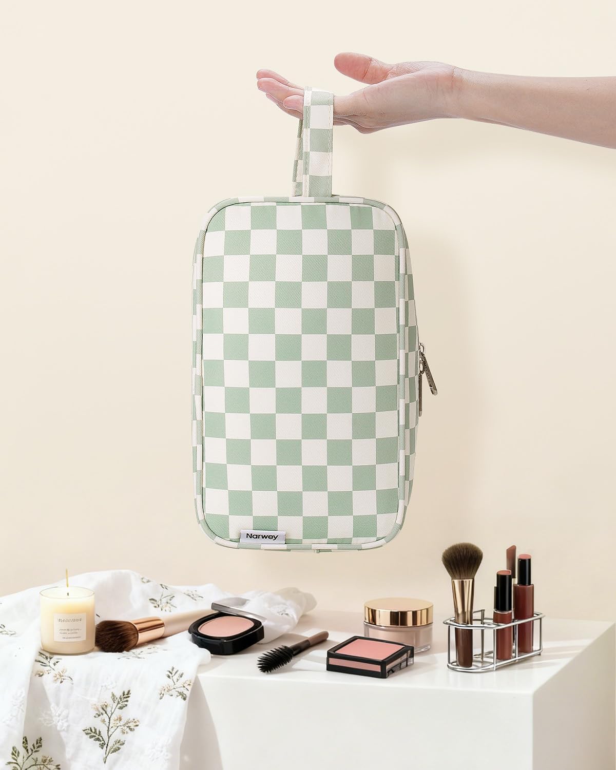 Travel Toiletry Bag for Women - Stylish Dopp Kit with Mint Green Checkerboard Design | Cosmetic & Makeup Organizer