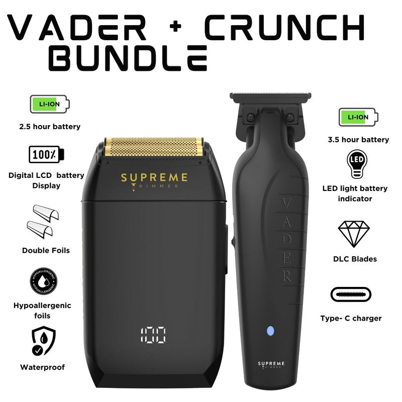 Supreme Trimmer Vader Trimmer & Crunch Foil Shaver Barber Haircutting Kit | Professional DLC T-Blade Beard Trimmer ST3778 & STF602 Waterproof IPX6 Shaver Set | (Black)