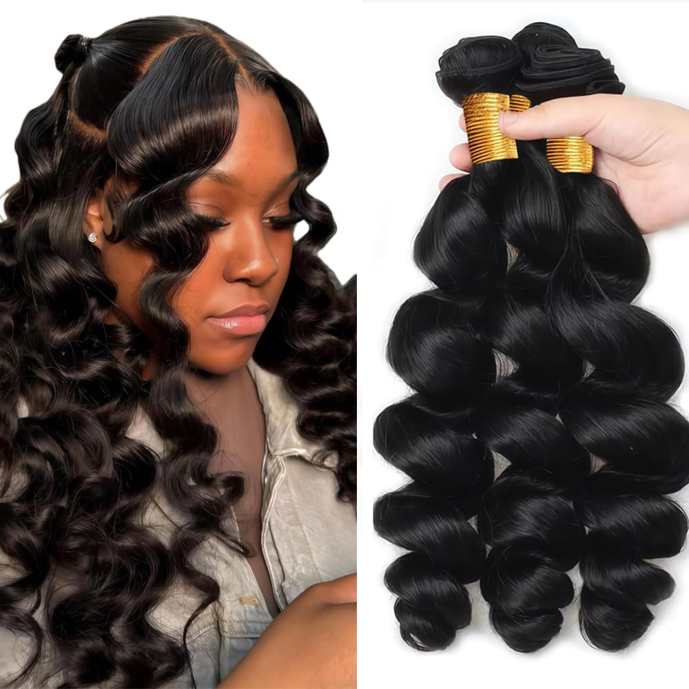 26 28 30 Inch Loose Wave Bundles Human Hair Loose Wave Bundles Black Bundle Human Hair Natural Black Unprocessed Brazilian Virgin Color 1B Bundle HuxoWax 150g